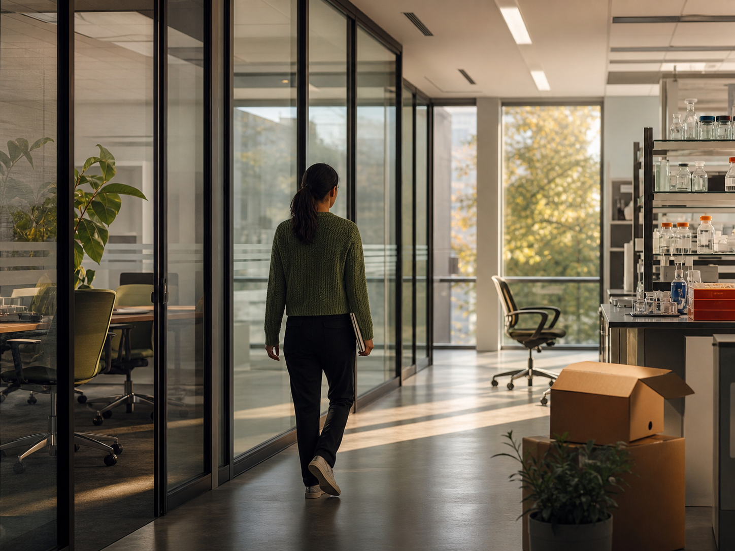 A life science professional walking through a biotechnology workplace in transition