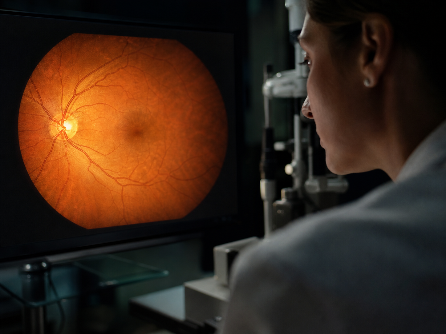Researcher examining a detailed retinal image