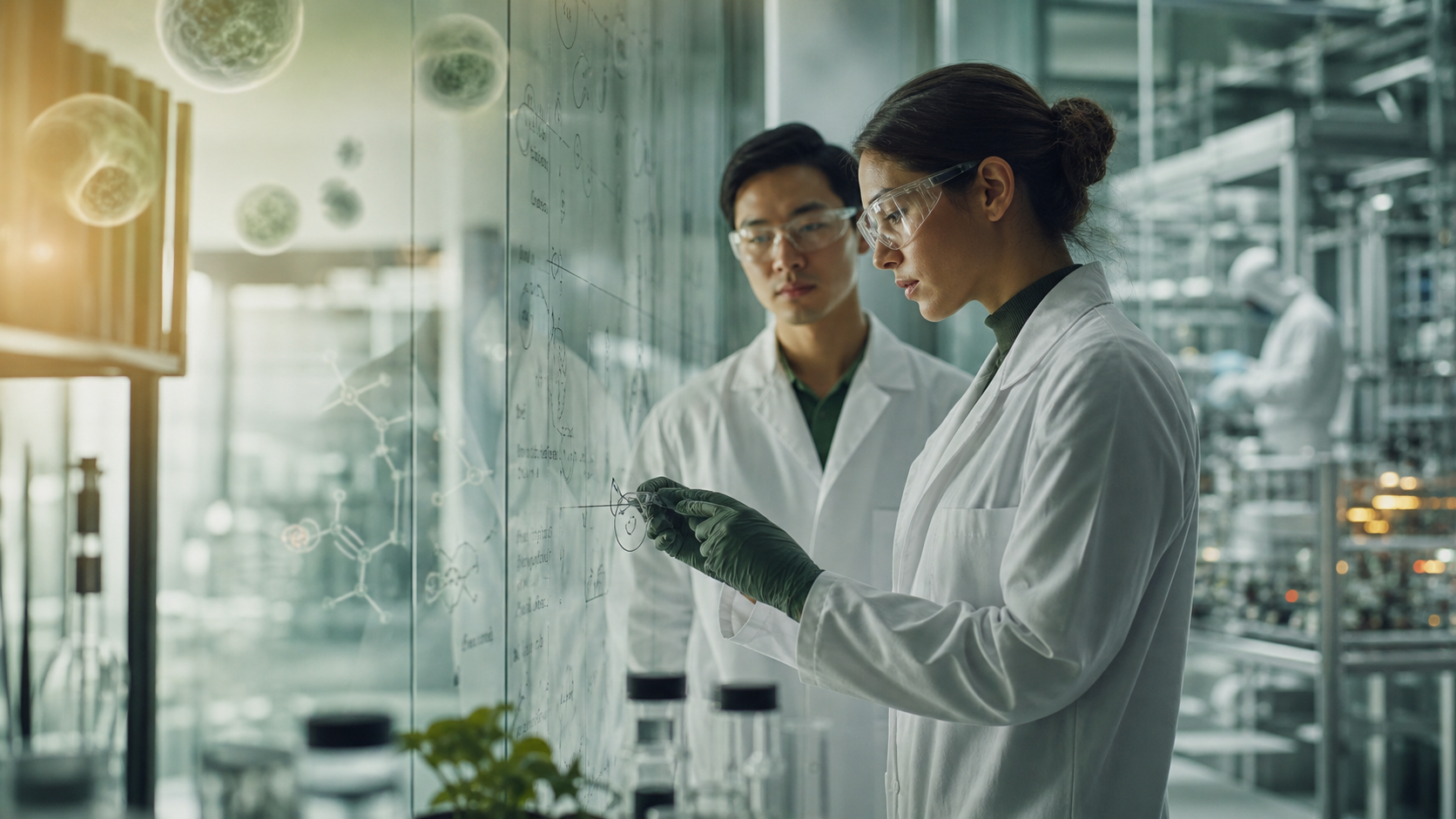 Life science researchers working together in a biotechnology laboratory
