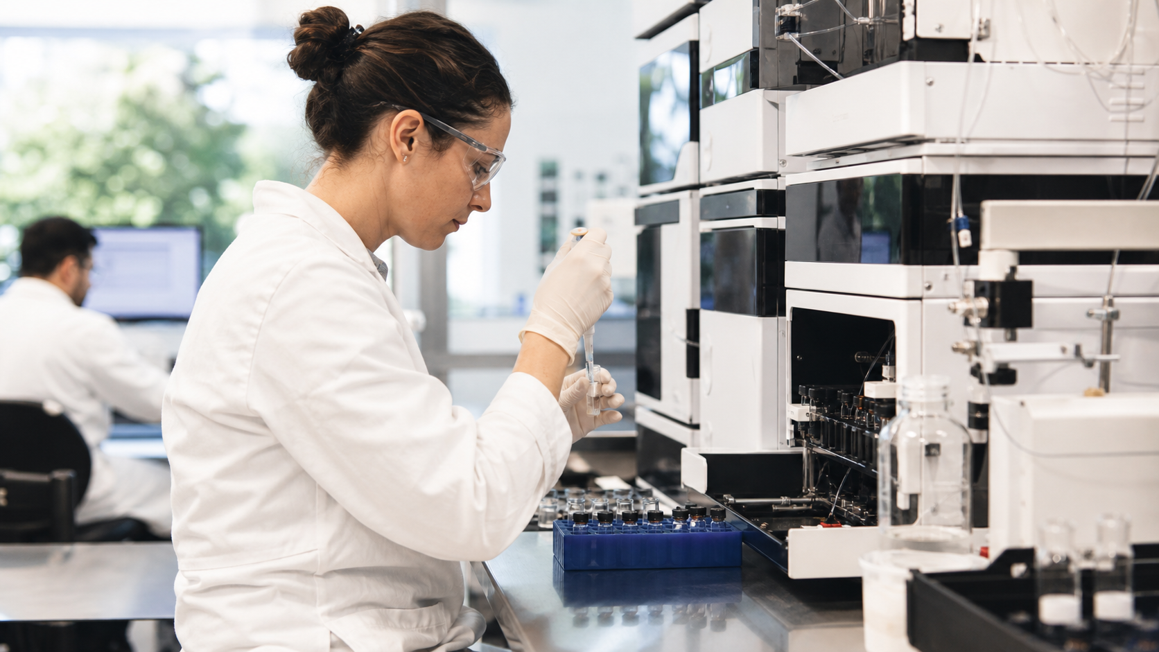 Scientist preparing a biologics sample beside analytical laboratory equipment