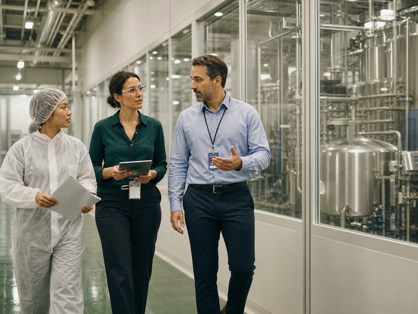 Cross-functional biopharma team walking through a biologics manufacturing facility