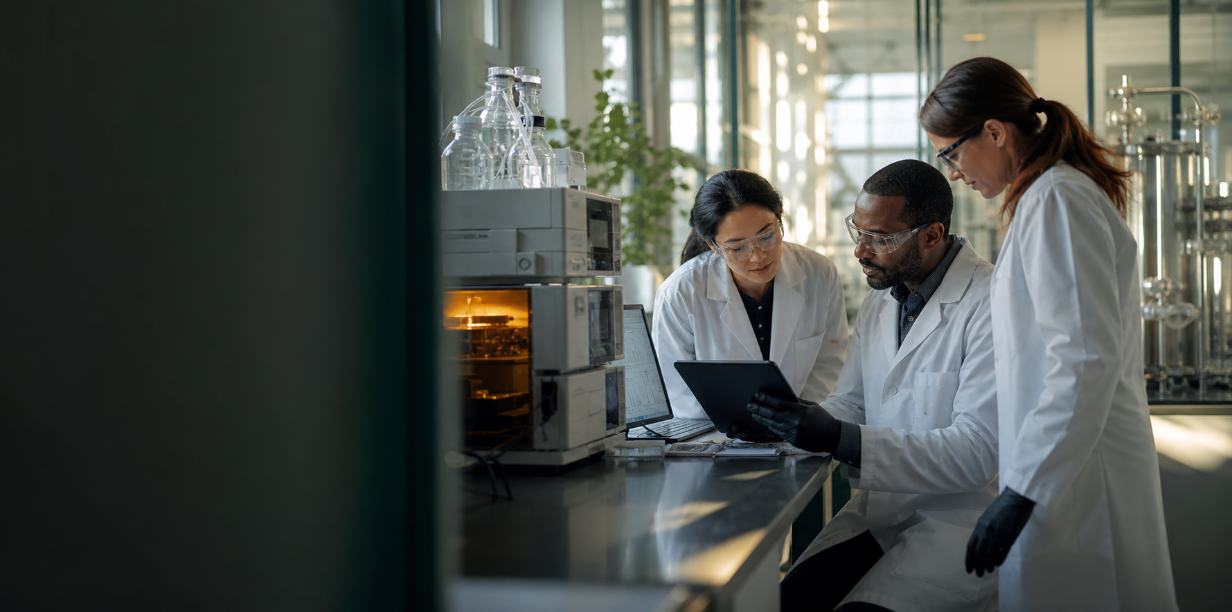 Biotechnology scientists reviewing analytical results in a modern laboratory