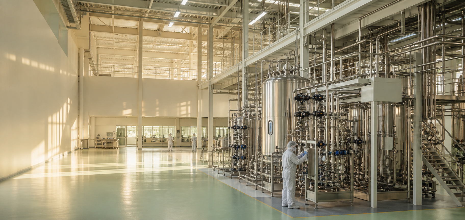 A technician commissioning process equipment inside a new biomanufacturing facility