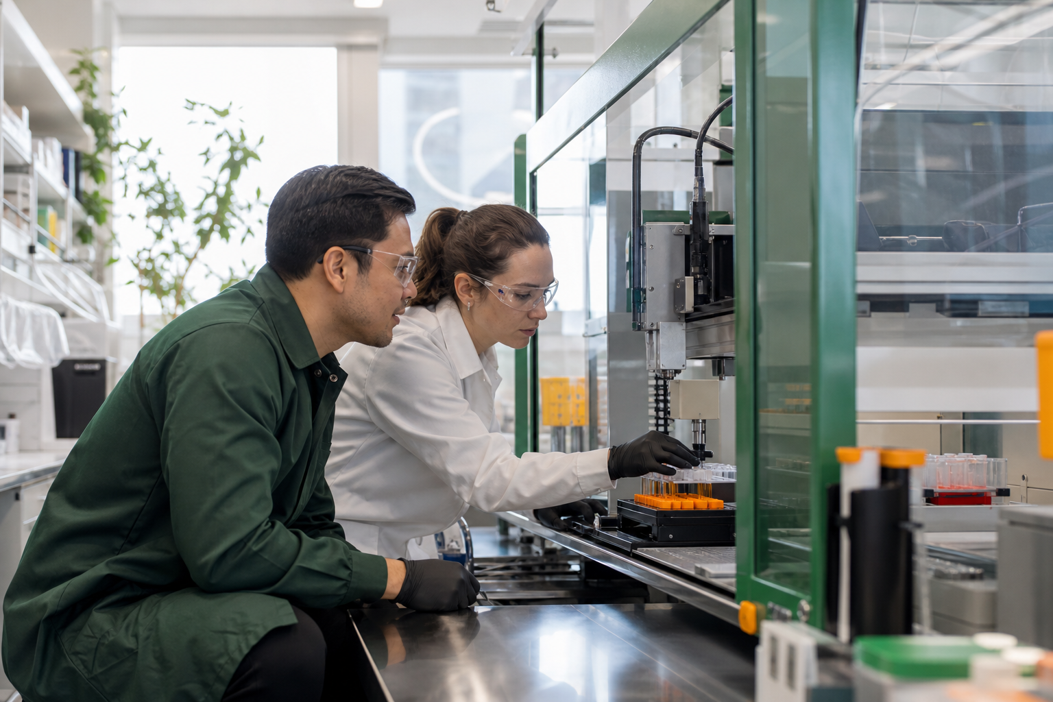 An automation engineer and research associate checking a laboratory robotics system