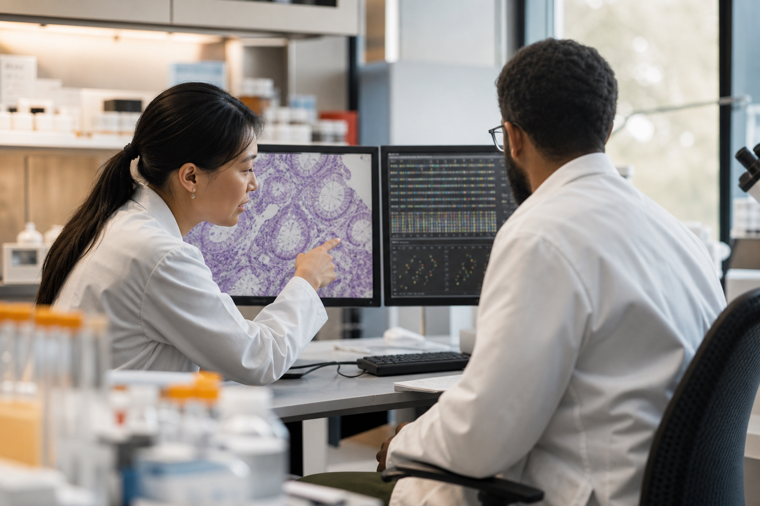 Two scientists reviewing tissue imagery and sequencing results in a translational laboratory