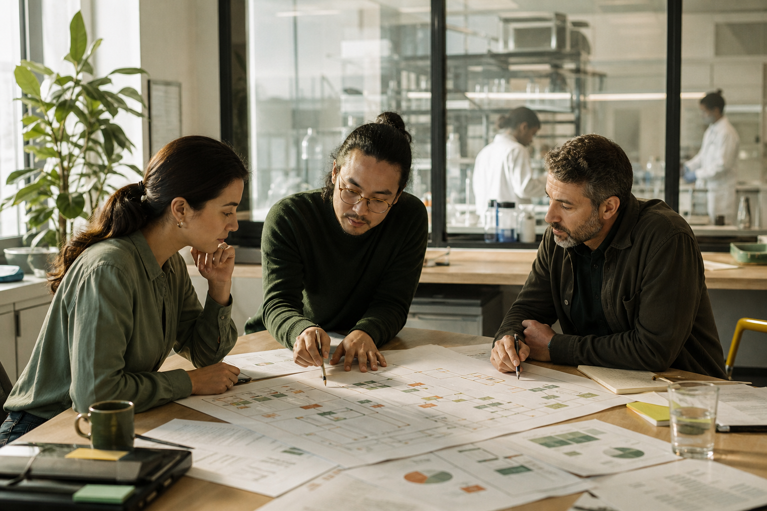 A cross-functional life sciences team reviewing a process plan beside a laboratory