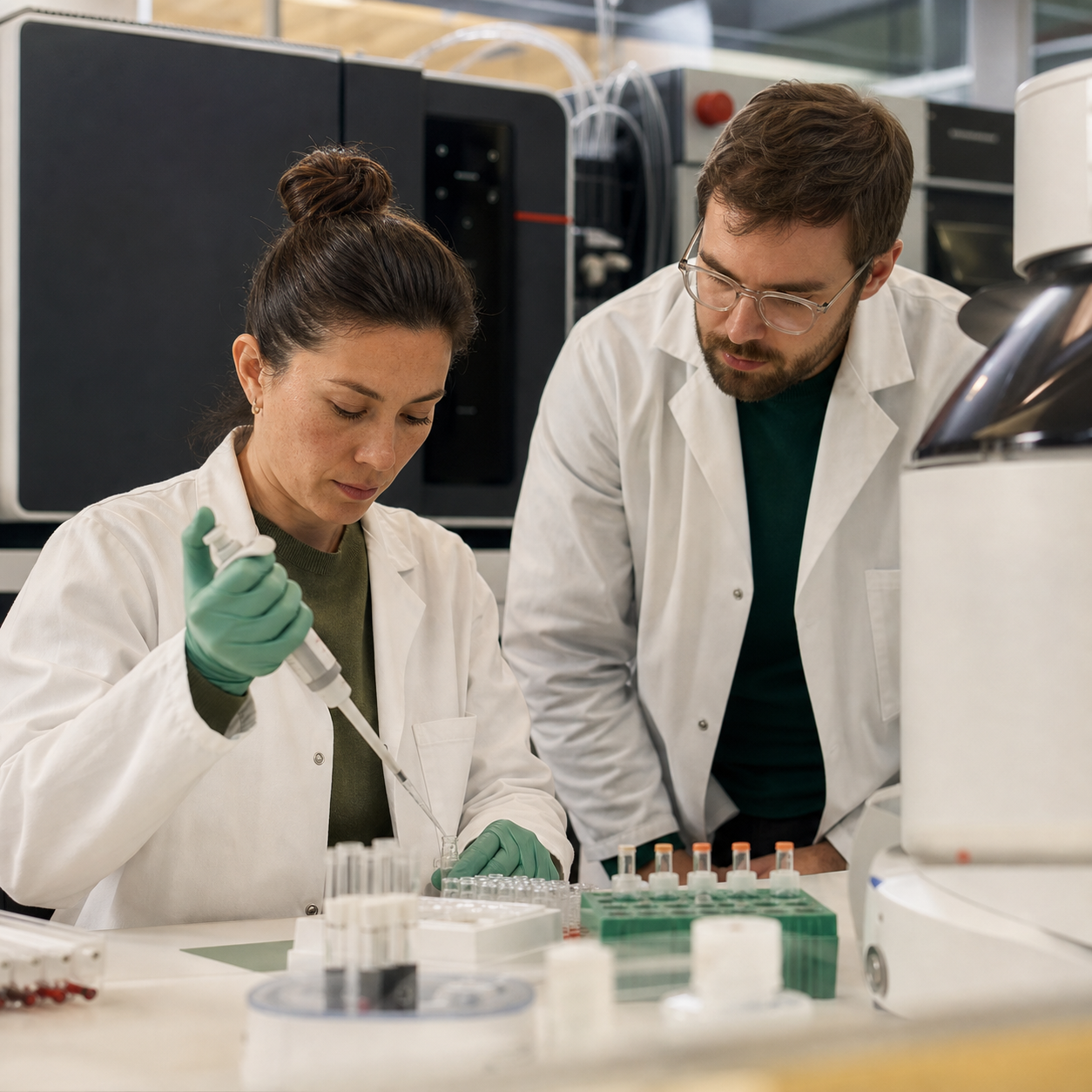 Laboratory scientists preparing blood biomarker samples beside analytical equipment