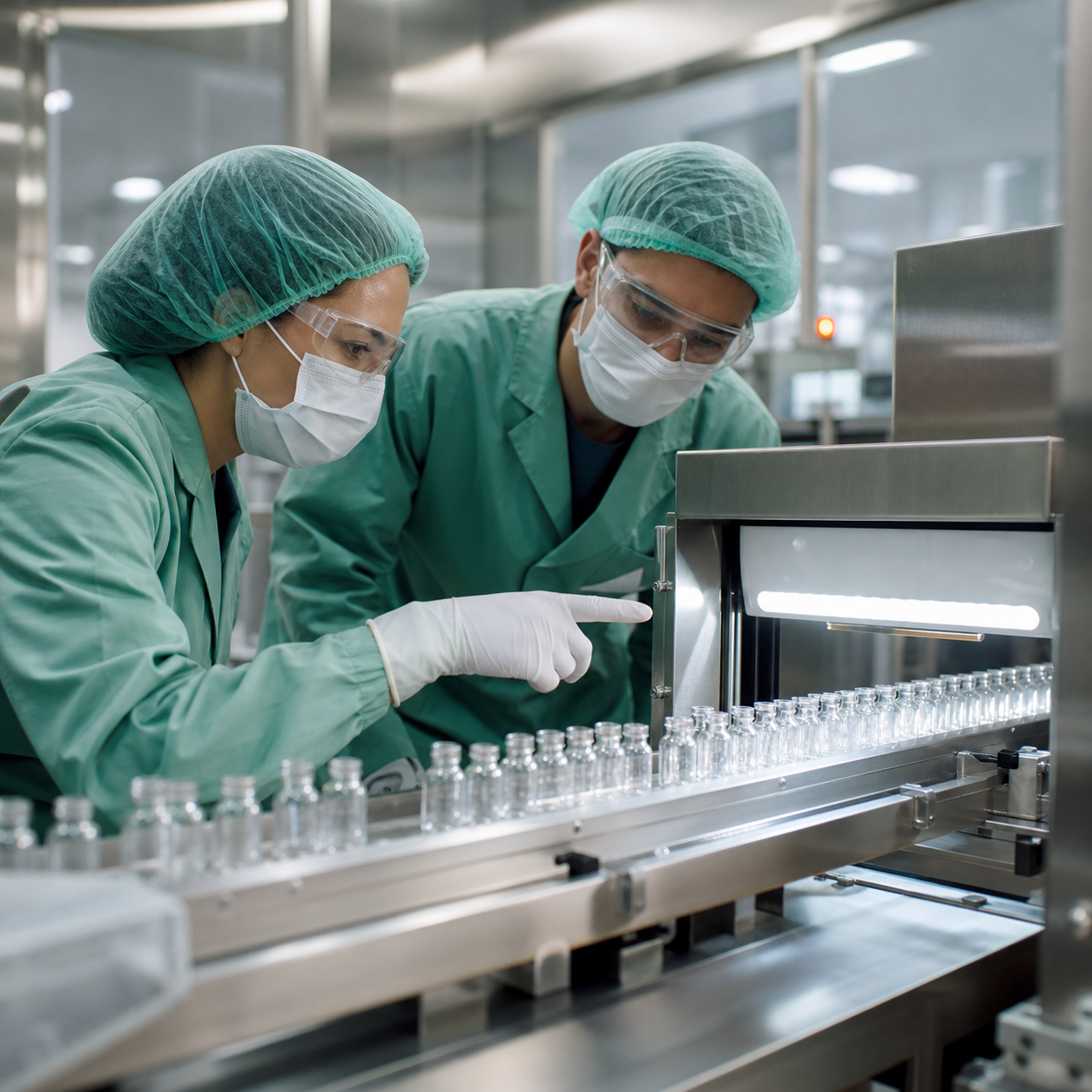 Two biopharma manufacturing professionals inspecting unlabeled vials