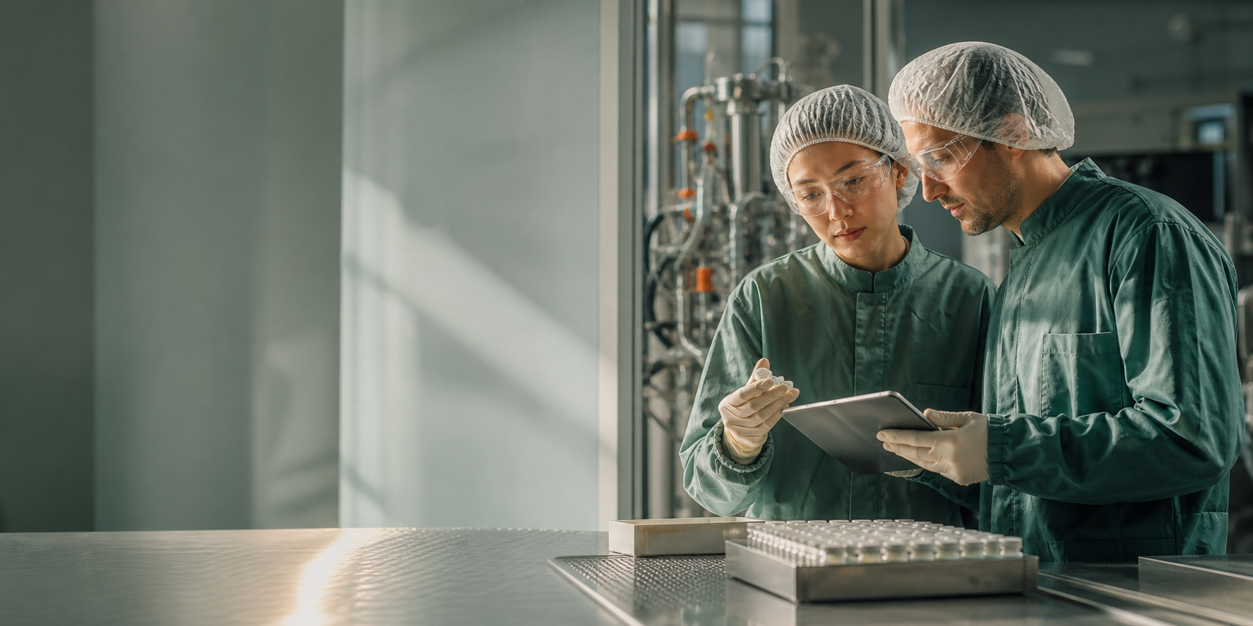Two biopharma professionals reviewing vial-process data in a clean manufacturing setting