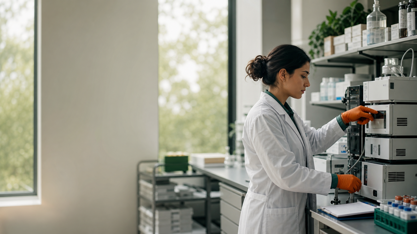 A laboratory operations professional checking analytical equipment on a quiet morning
