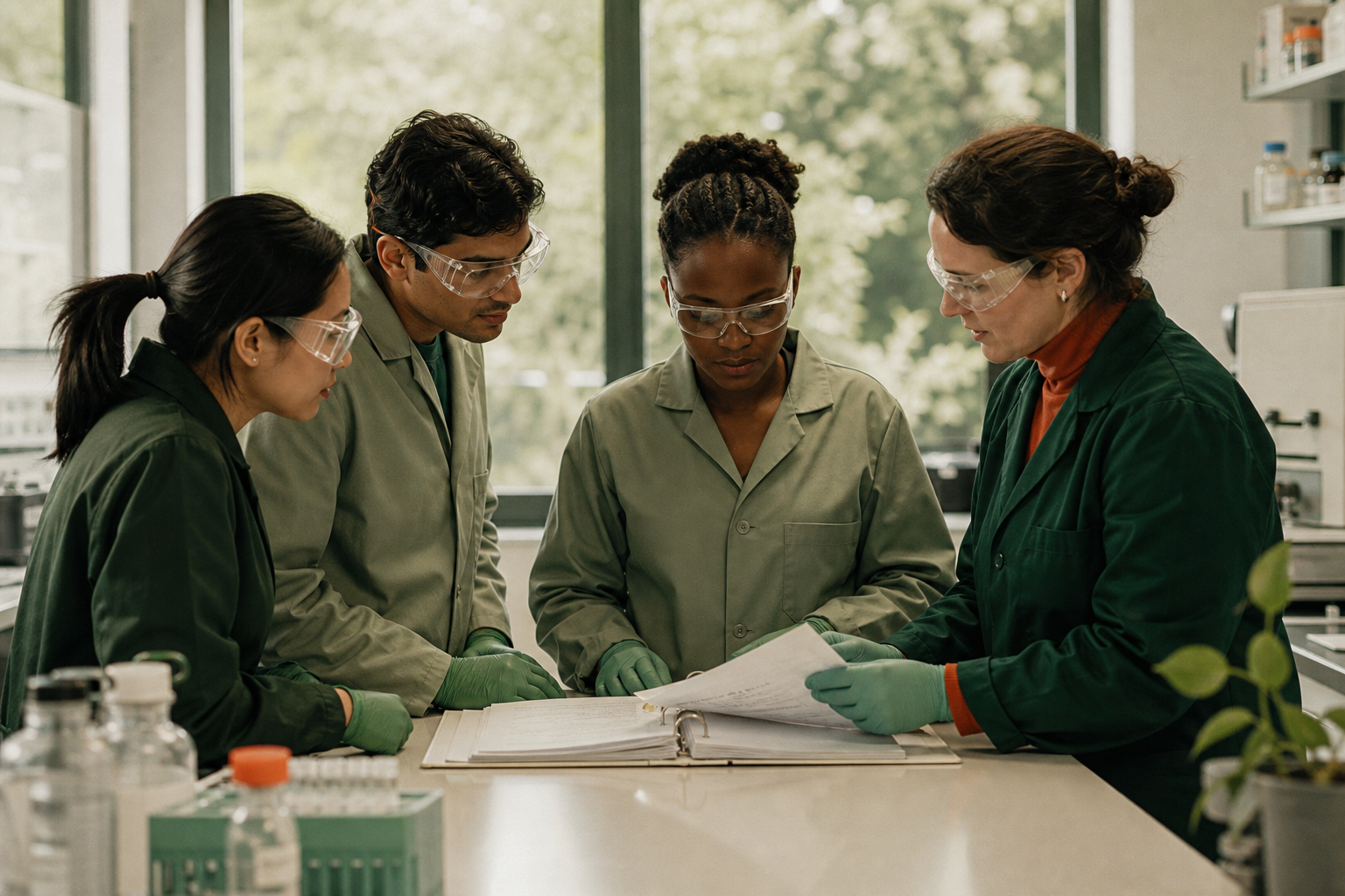A biopharma team reviewing a laboratory protocol during an operational handoff