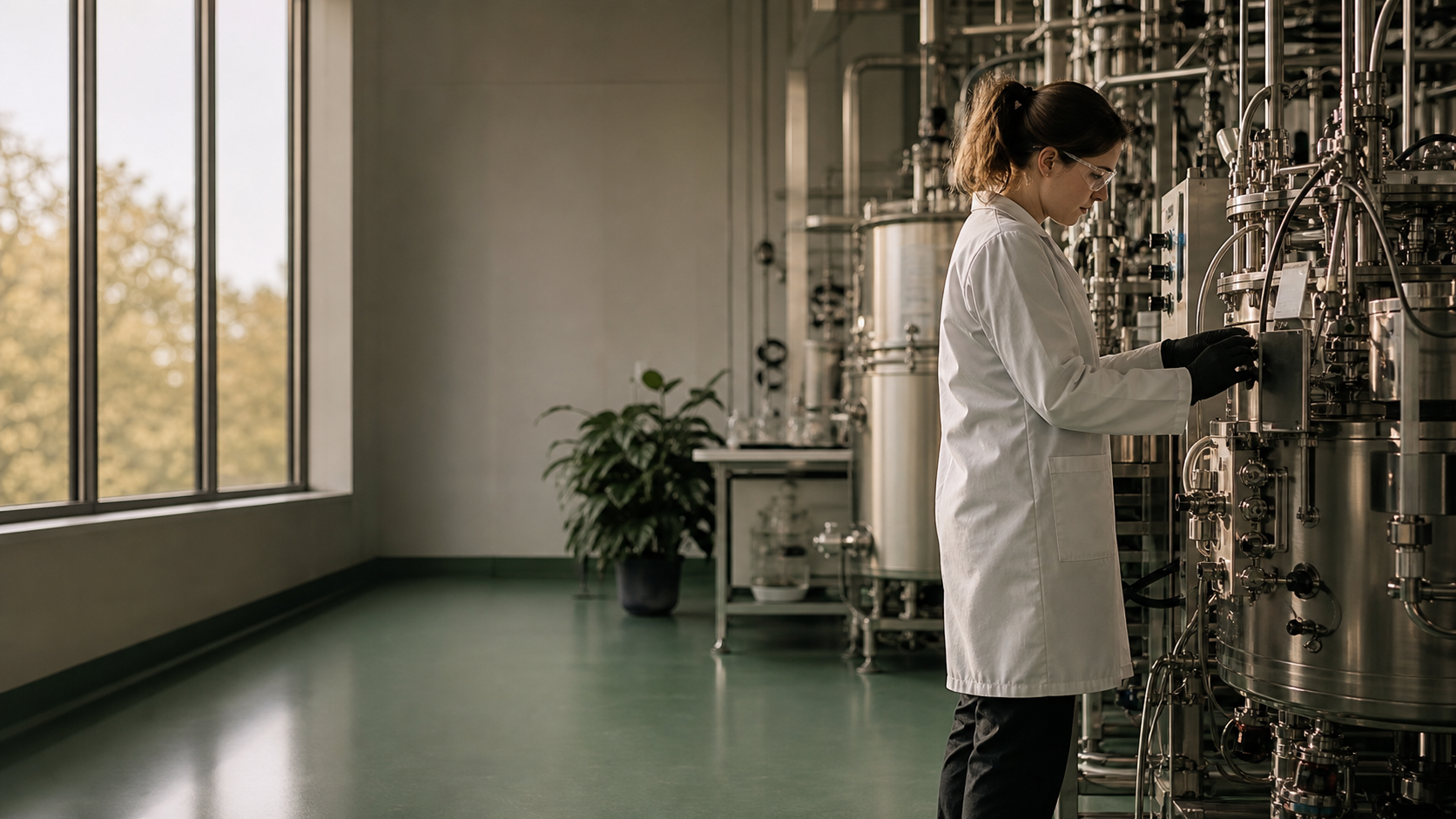 A bioprocess scientist checking production equipment in a warm, modern laboratory