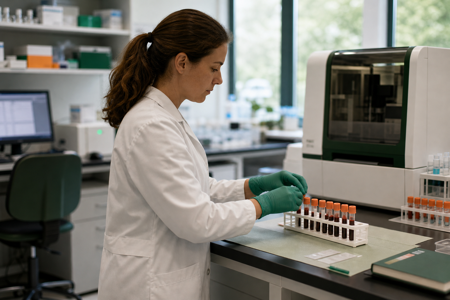 A clinical laboratory scientist preparing blood samples beside analytical equipment