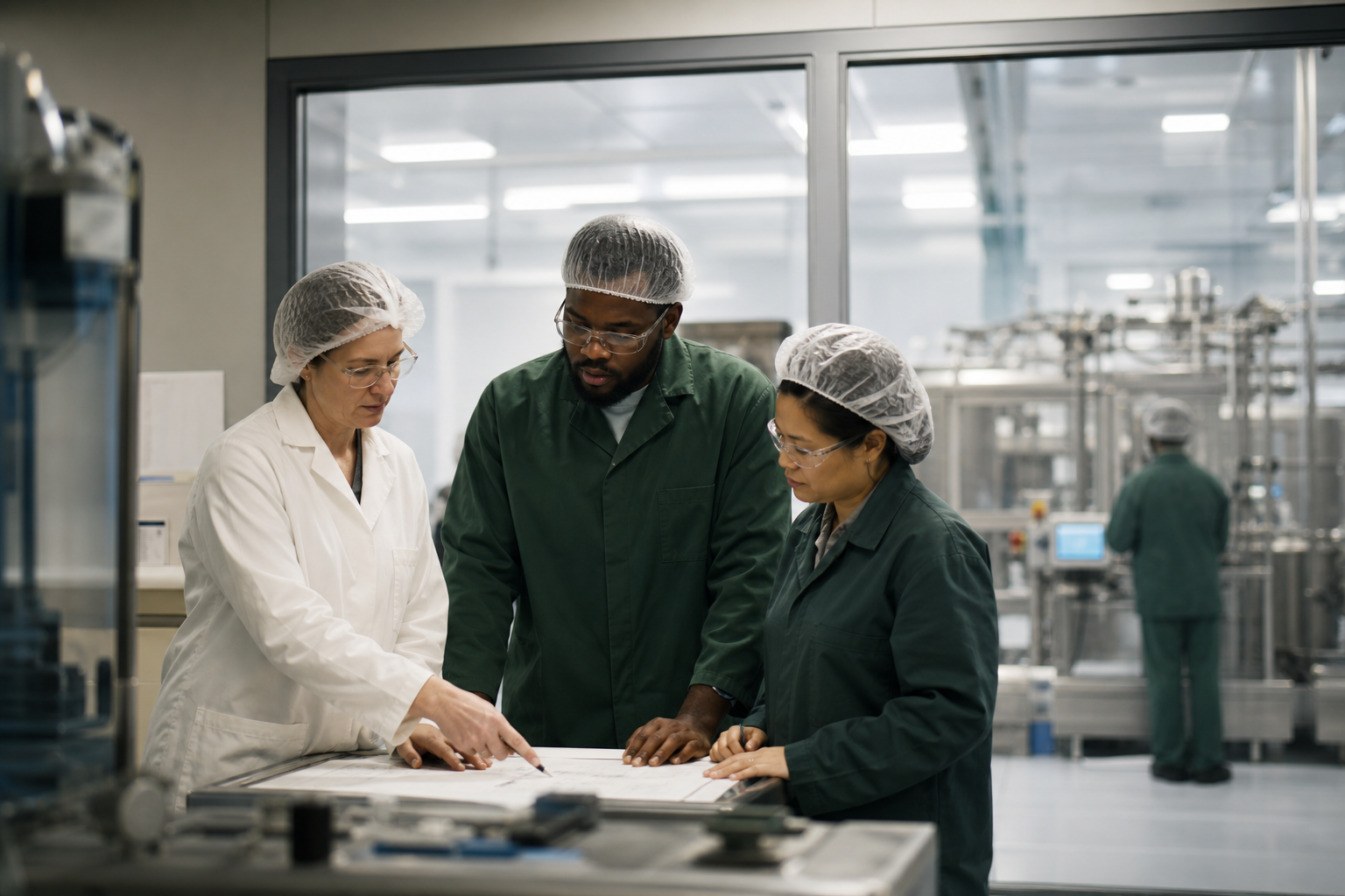 A biopharma operations team reviewing a production plan together