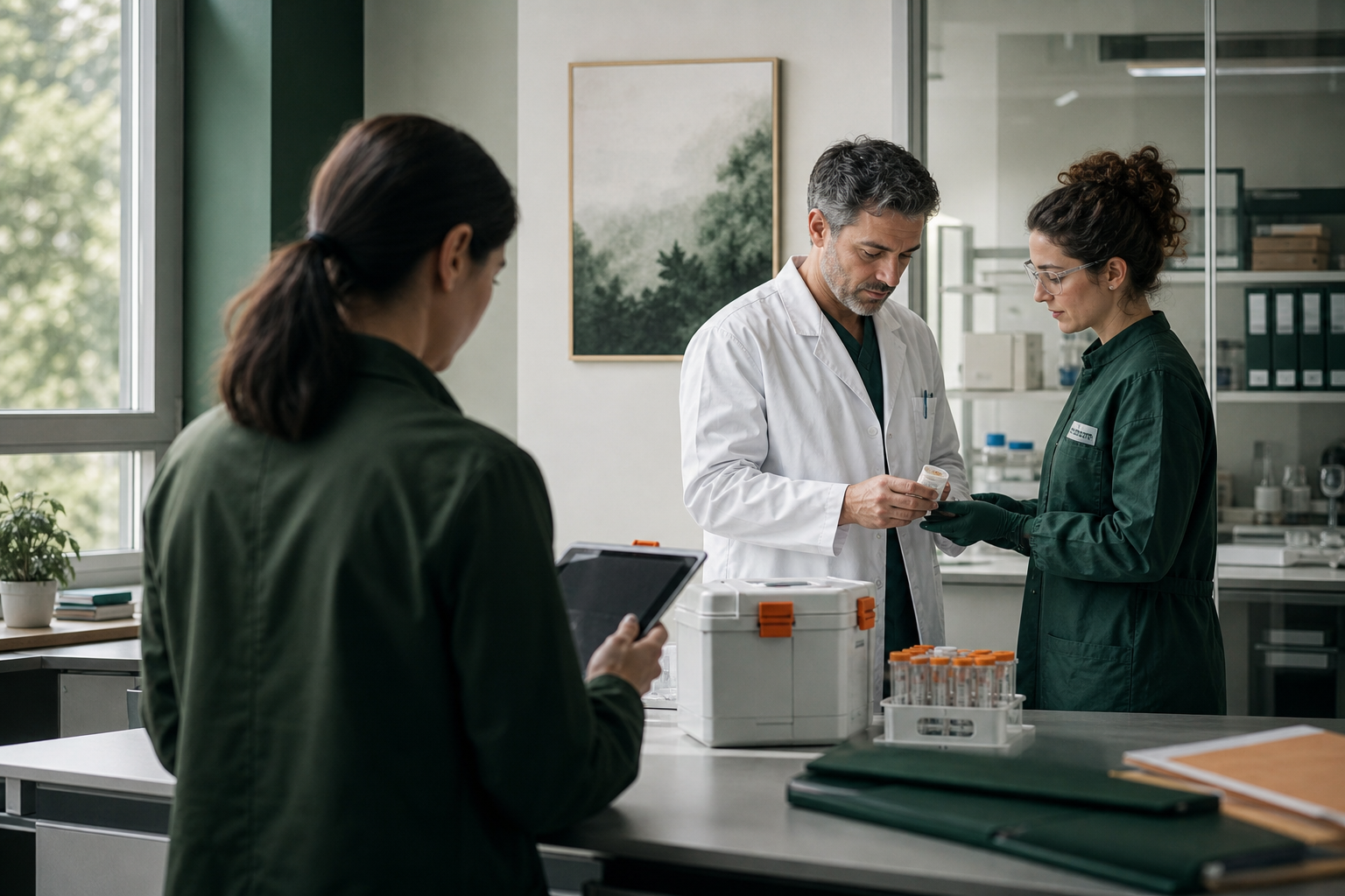 A clinical team coordinating a careful sample handoff in a research laboratory