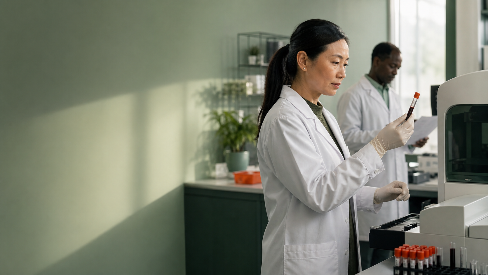 Two laboratory scientists preparing a blood sample beside a clinical analyzer
