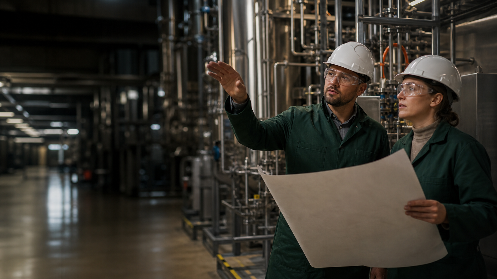 A process engineer and quality specialist reviewing plans beside biopharmaceutical manufacturing equipment