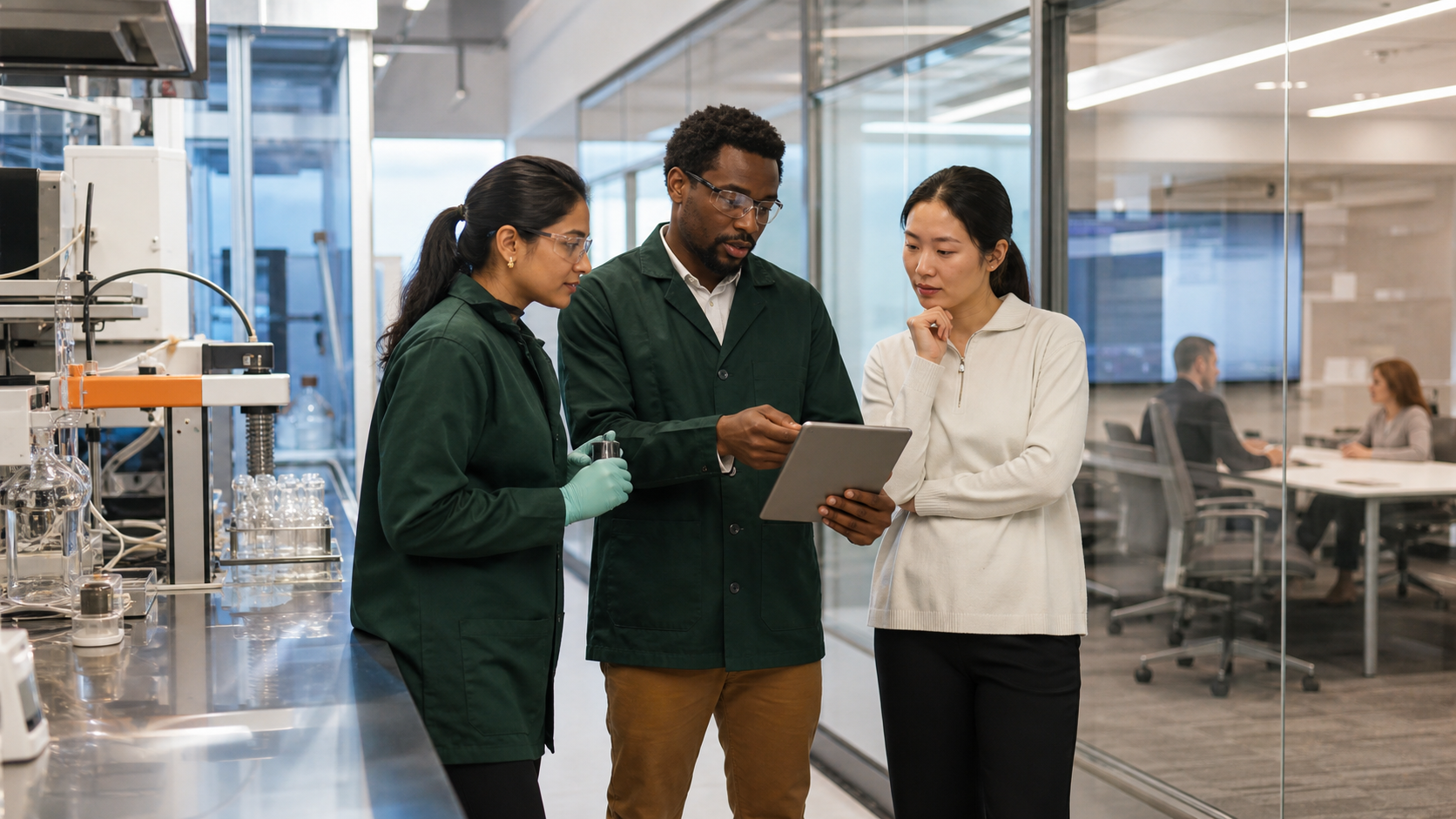 Three life-sciences professionals coordinating laboratory and operations work
