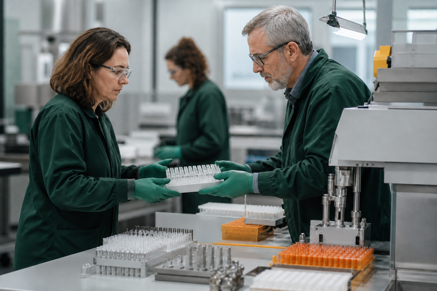 Two diagnostics manufacturing professionals reviewing an unlabeled assay rack in a quality-control workspace