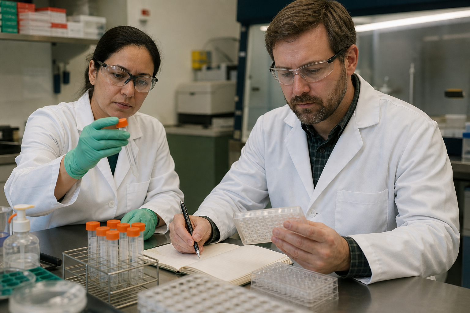 Clinical development professionals reviewing study evidence in a laboratory