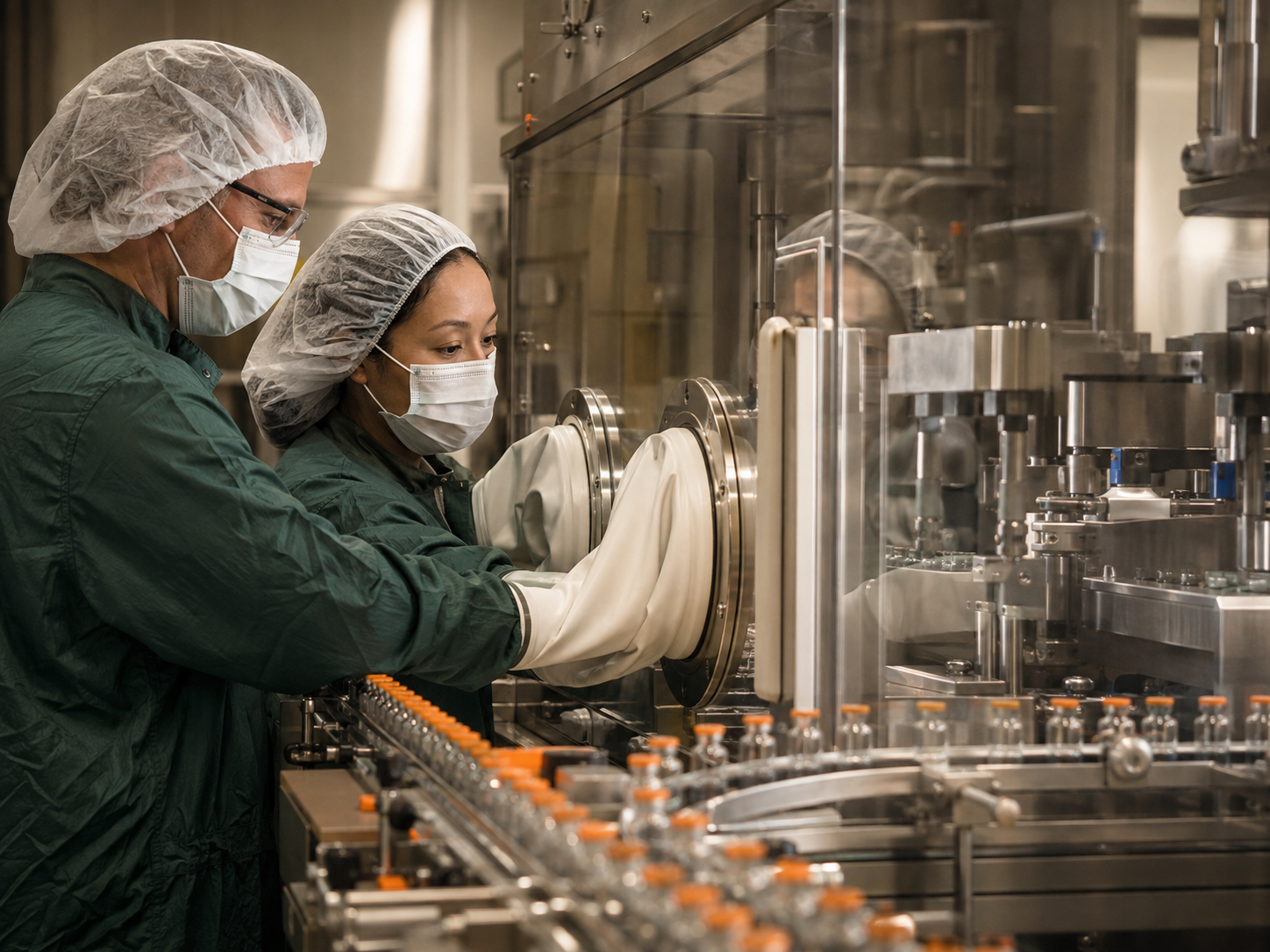 Two cleanroom professionals checking an enclosed sterile vial filling line