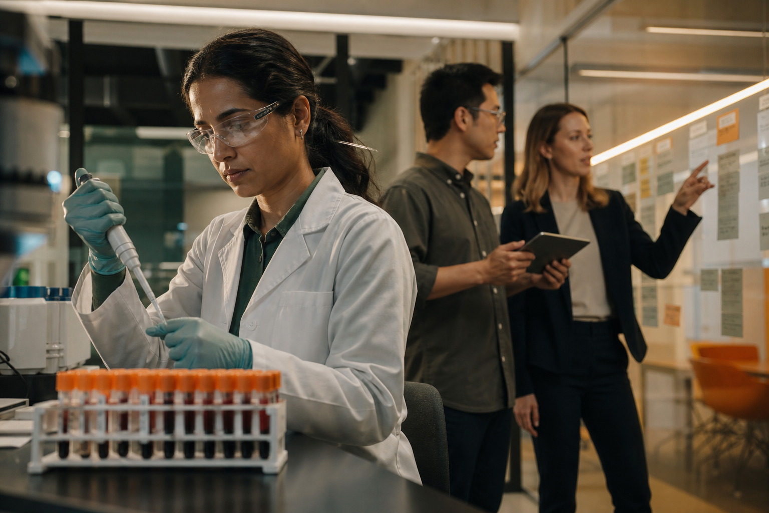 A molecular diagnostics scientist working while colleagues coordinate a launch plan