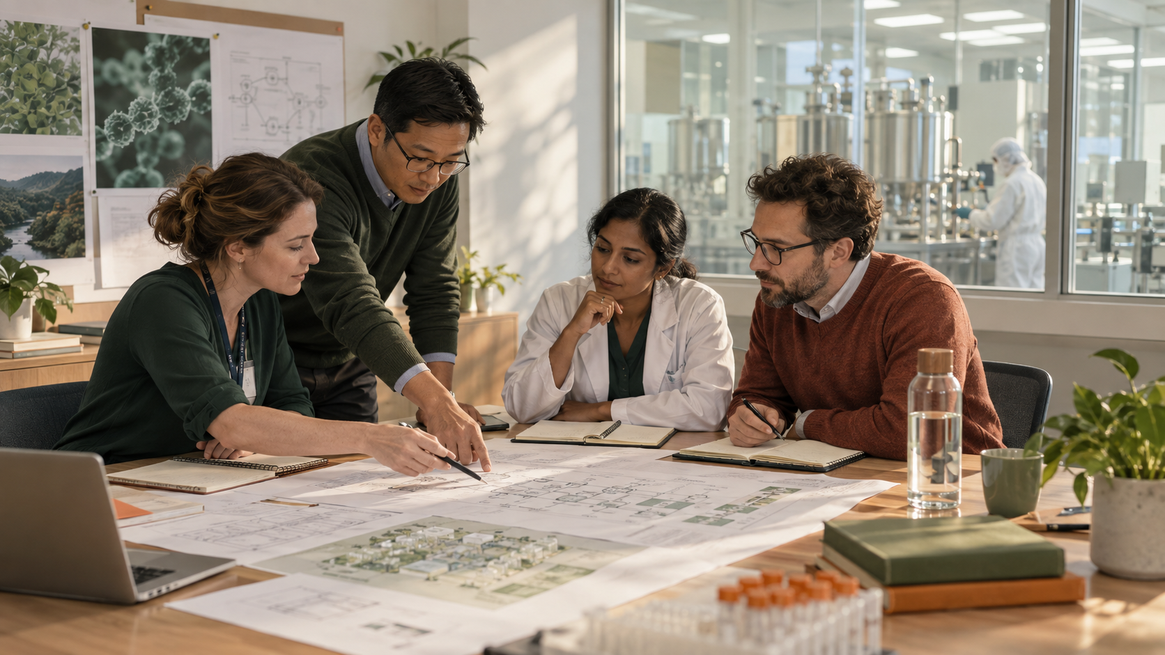 A cross-functional biopharma team reviewing process plans beside a manufacturing suite