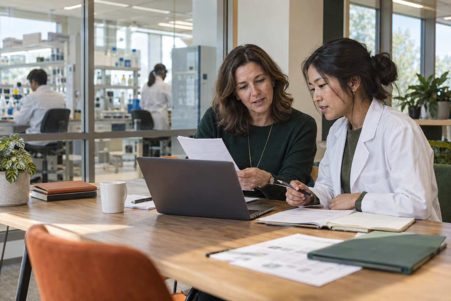 Two life-sciences professionals reviewing career notes beside an active laboratory