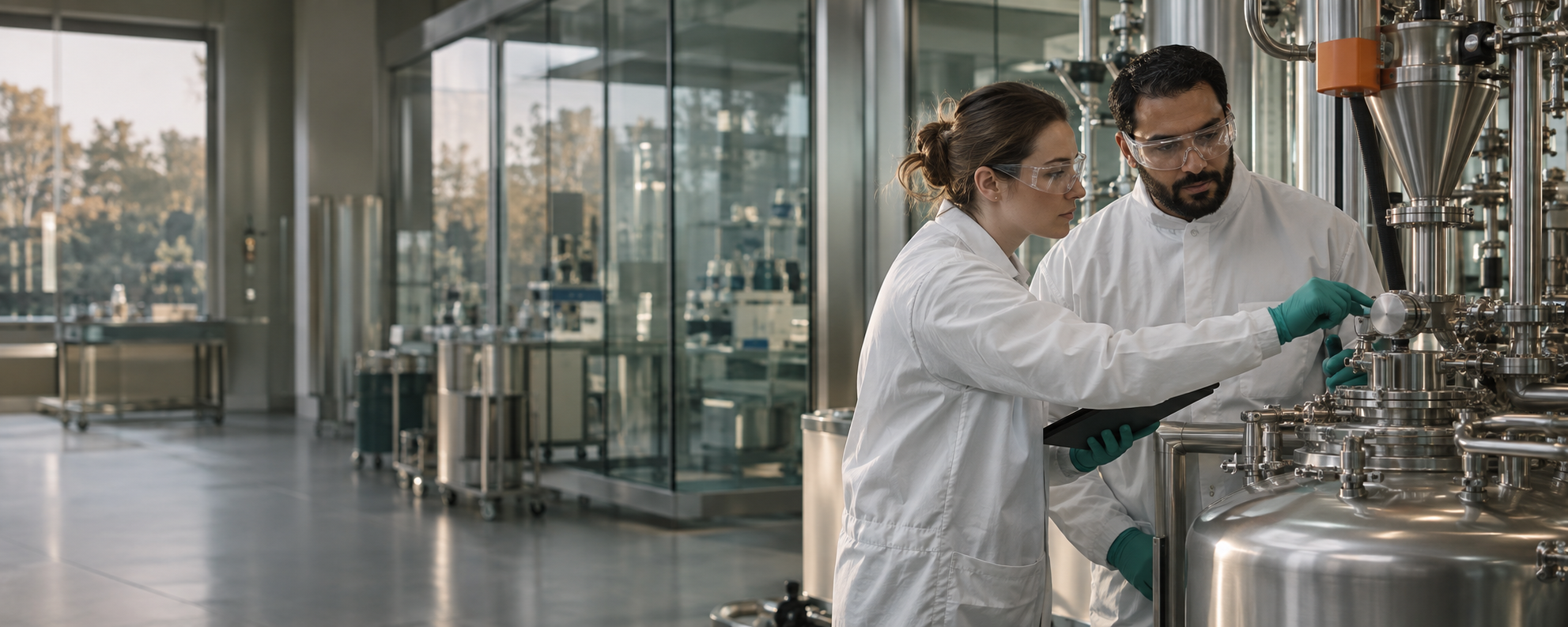 Two life-sciences researchers beside stainless-steel manufacturing equipment in a modern facility