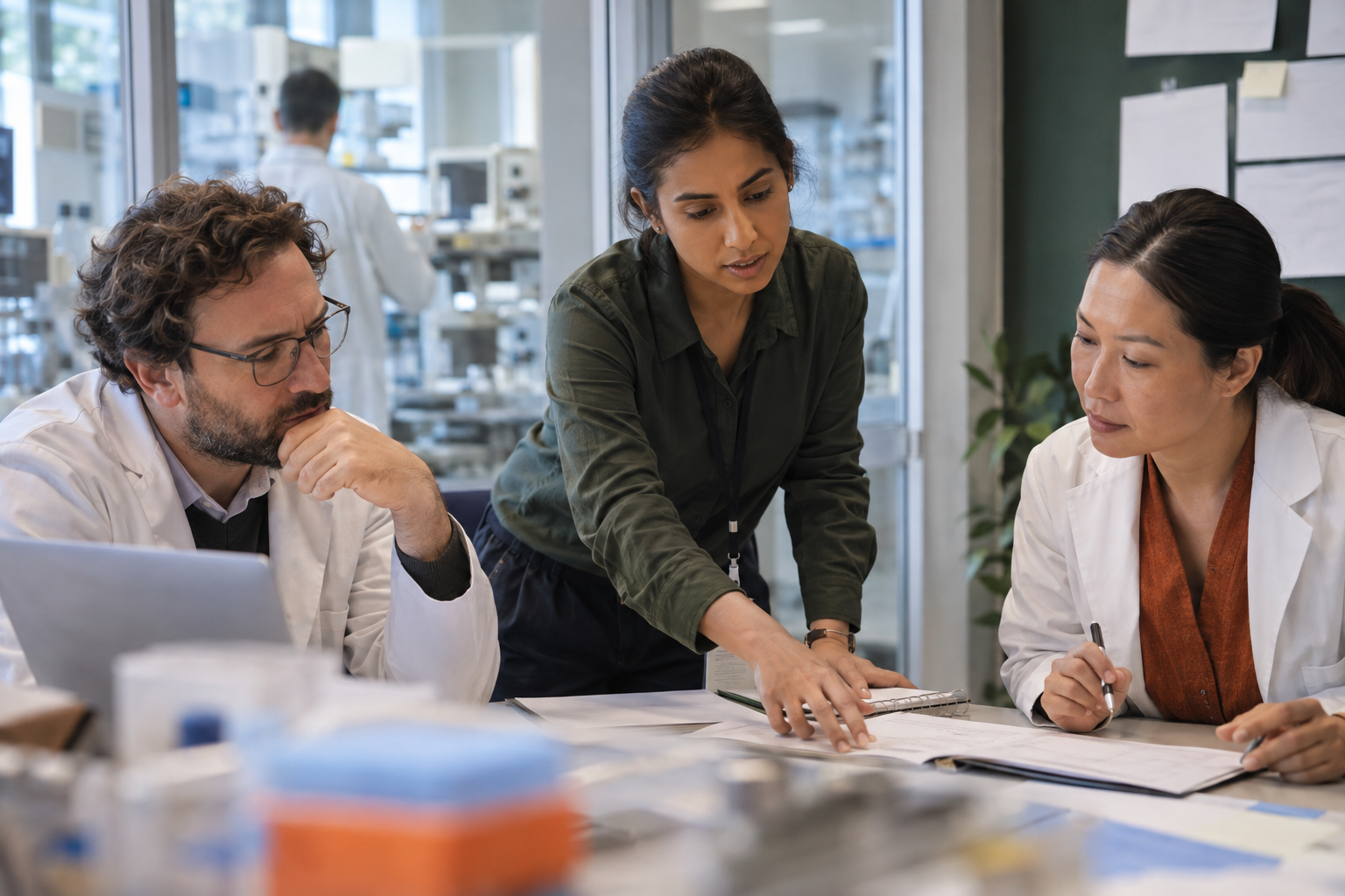 Three life-sciences specialists reviewing career notes beside a laboratory workspace