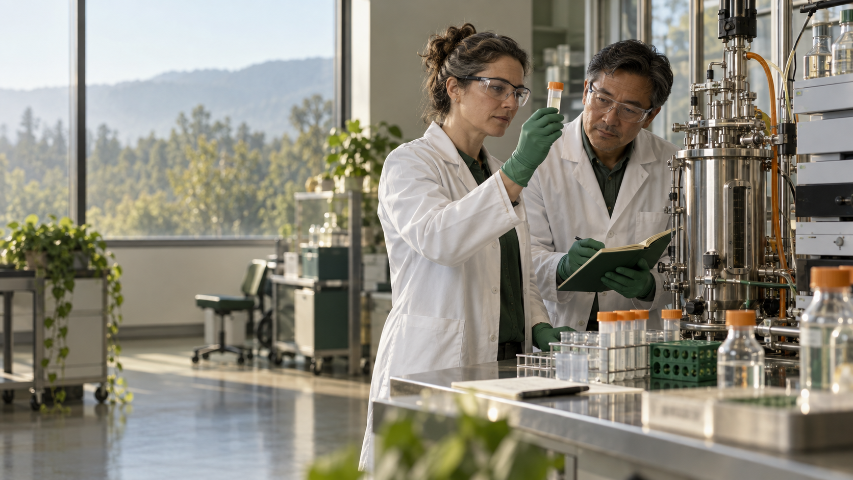 Two bioprocess scientists examining a sample beside analytical and manufacturing equipment