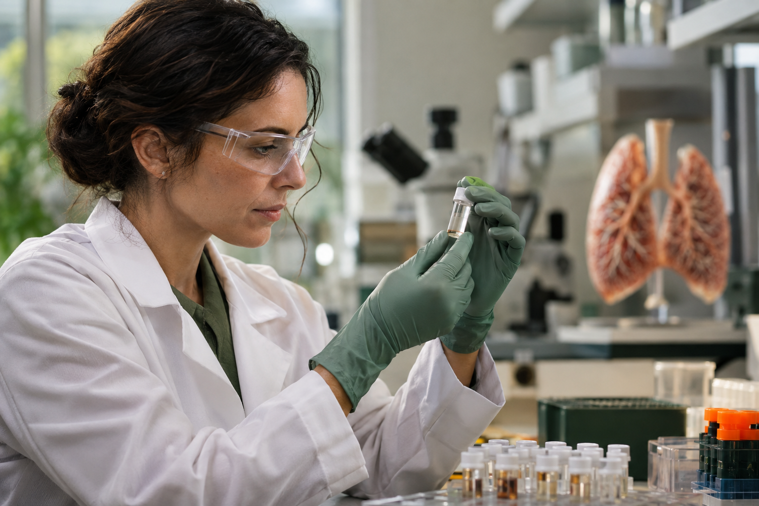 A researcher holding an unlabeled vial beside a translucent lung model in a laboratory