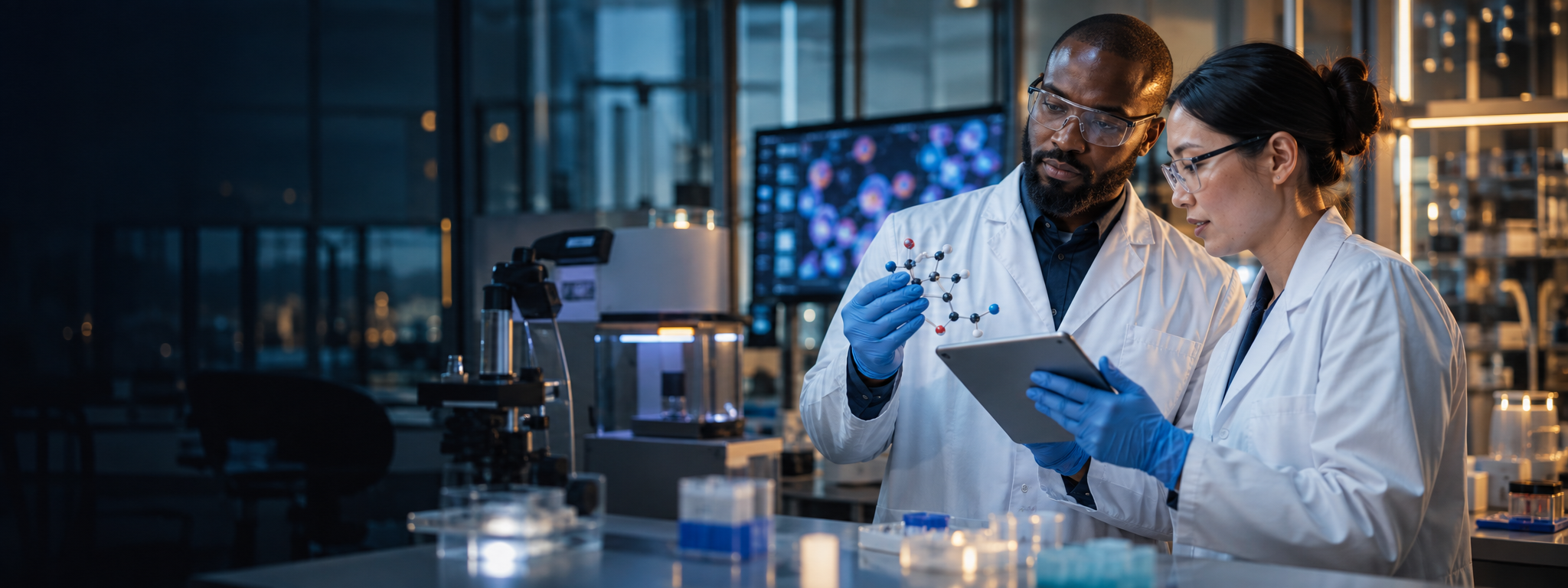 Two life-sciences researchers reviewing a molecular model and evidence in a contemporary laboratory