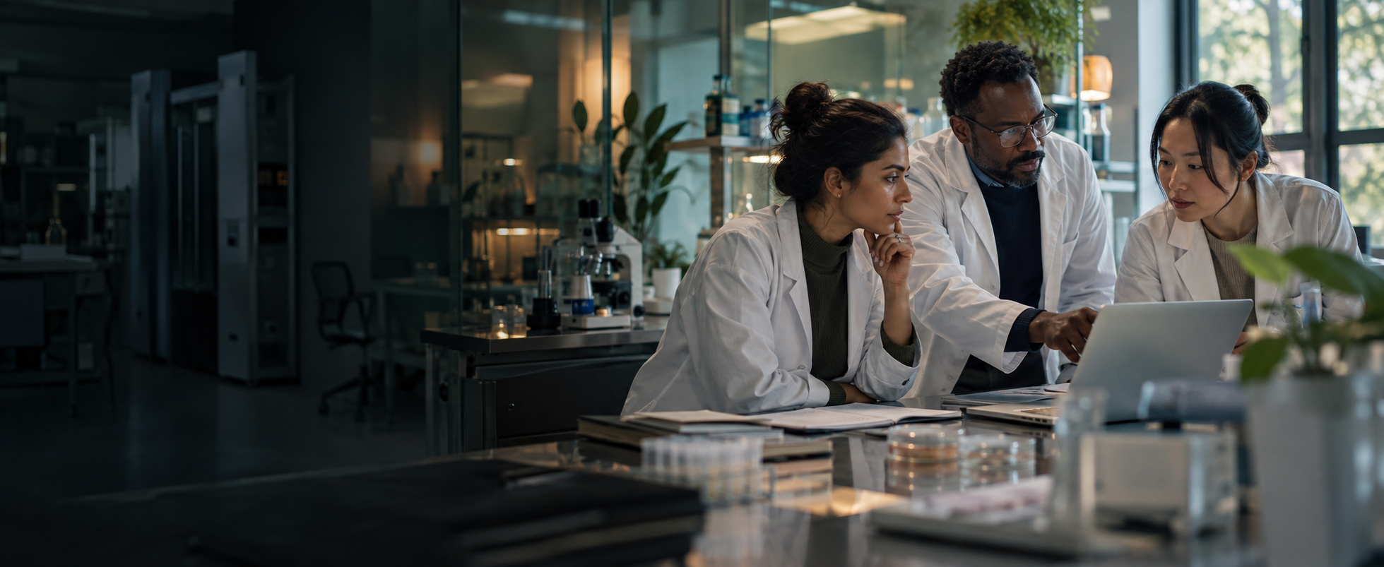 Three life-sciences professionals reviewing evidence together in a contemporary laboratory