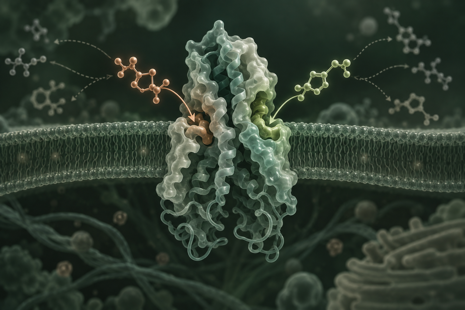 Editorial molecular illustration of two small-molecule forms approaching a membrane protein